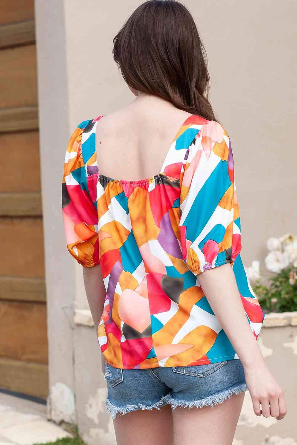 Printed Square Neck Half Sleeve Top Blouses - Tophatter Daily Deals