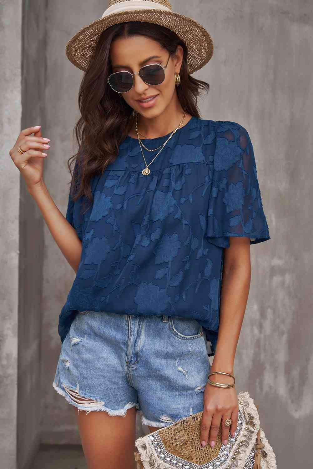 Round Neck Puff Sleeve Blouse Blouses - Tophatter Daily Deals