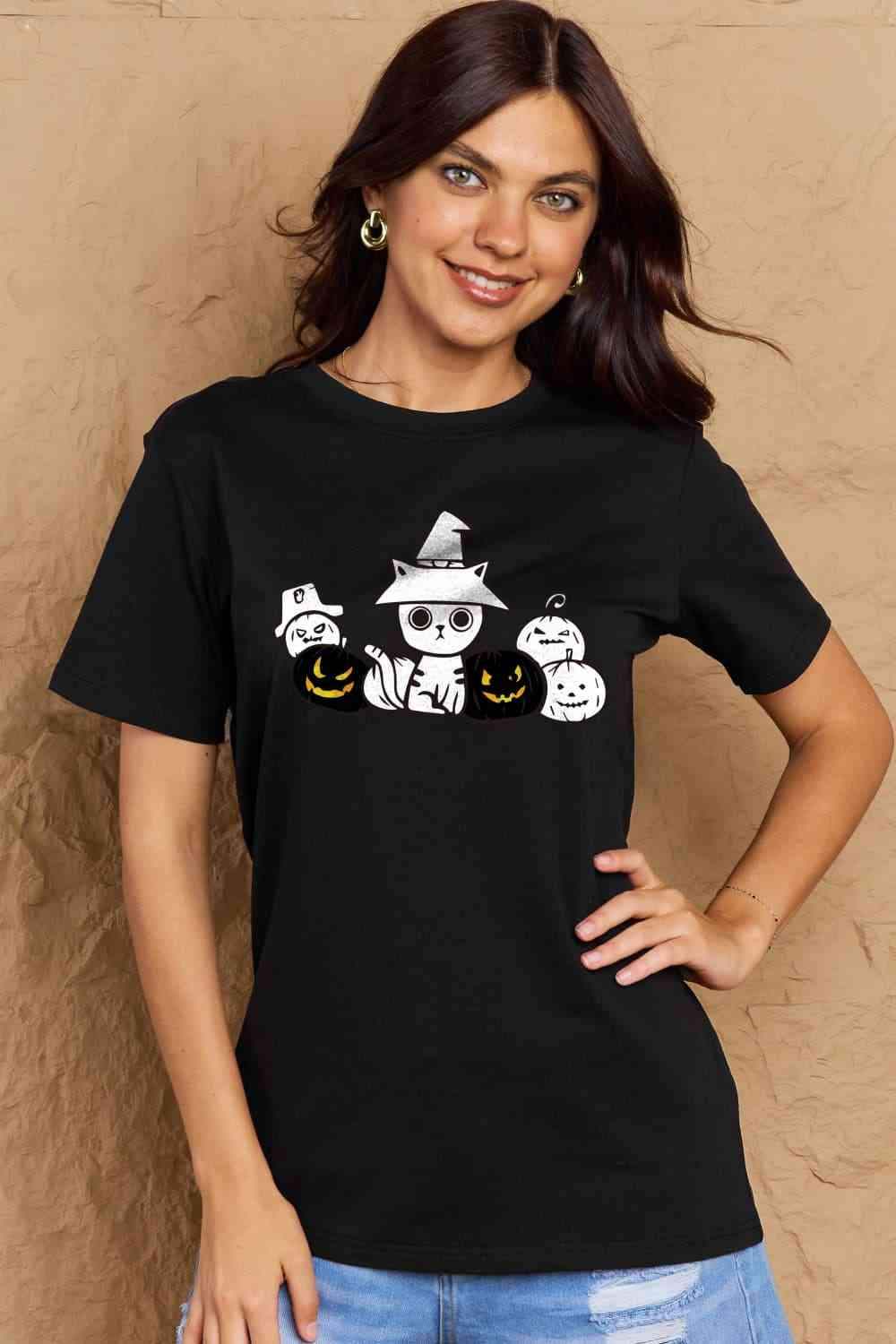 Simply Love Full Size Cat & Pumpkin Graphic Cotton T-Shirt Black Women's T-Shirts - Tophatter Daily Deals