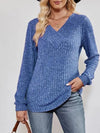 V-Neck Ribbed Long Sleeve Top Cobalt Blue Blouses - Tophatter Daily Deals