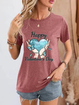 HAPPY VALENTINE'S DAY Round Neck Short Sleeve T-Shirt Light Mauve Women's T-Shirts - Tophatter Daily Deals