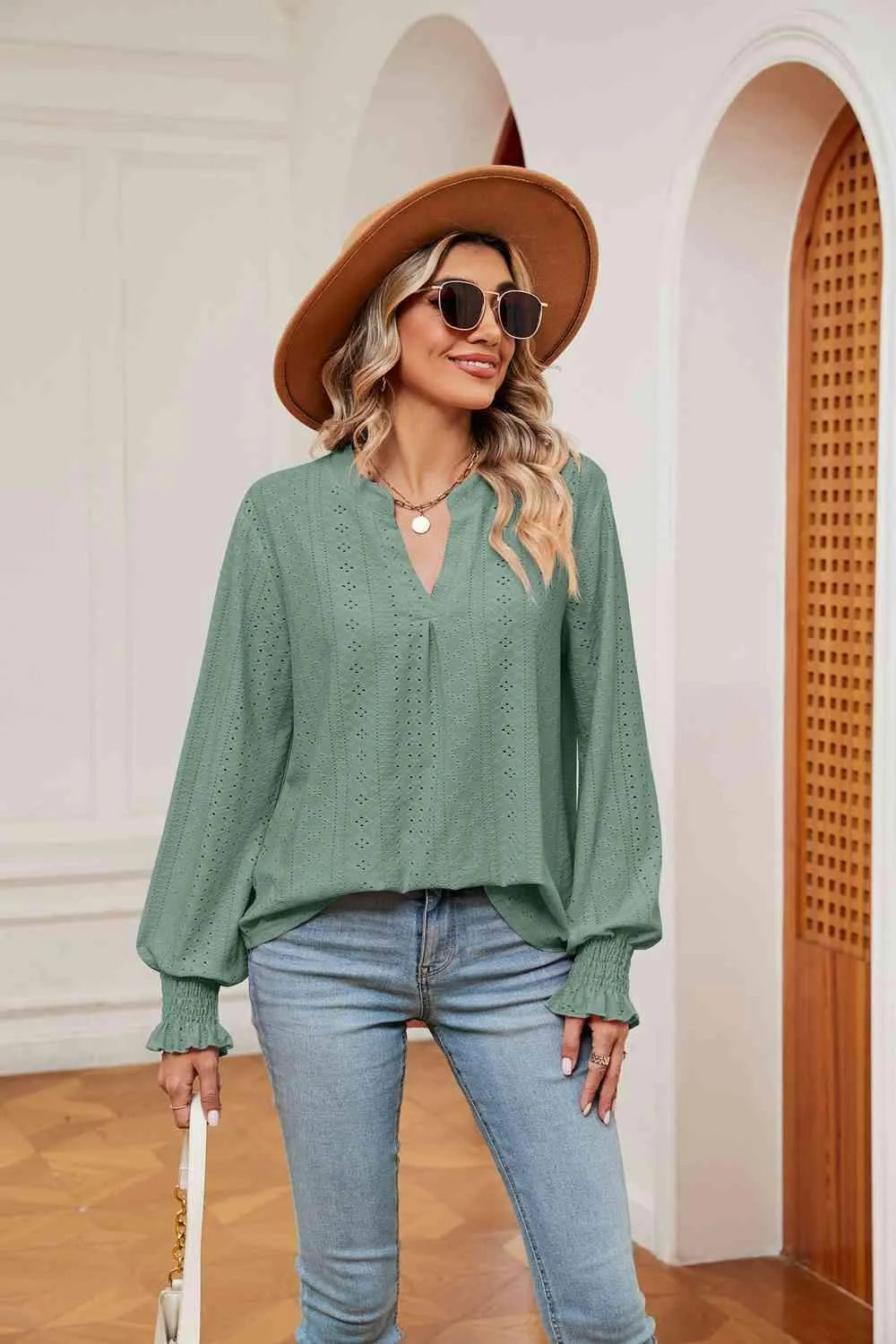 Notched Neck Flounce Sleeve Blouse Blouses - Tophatter Daily Deals