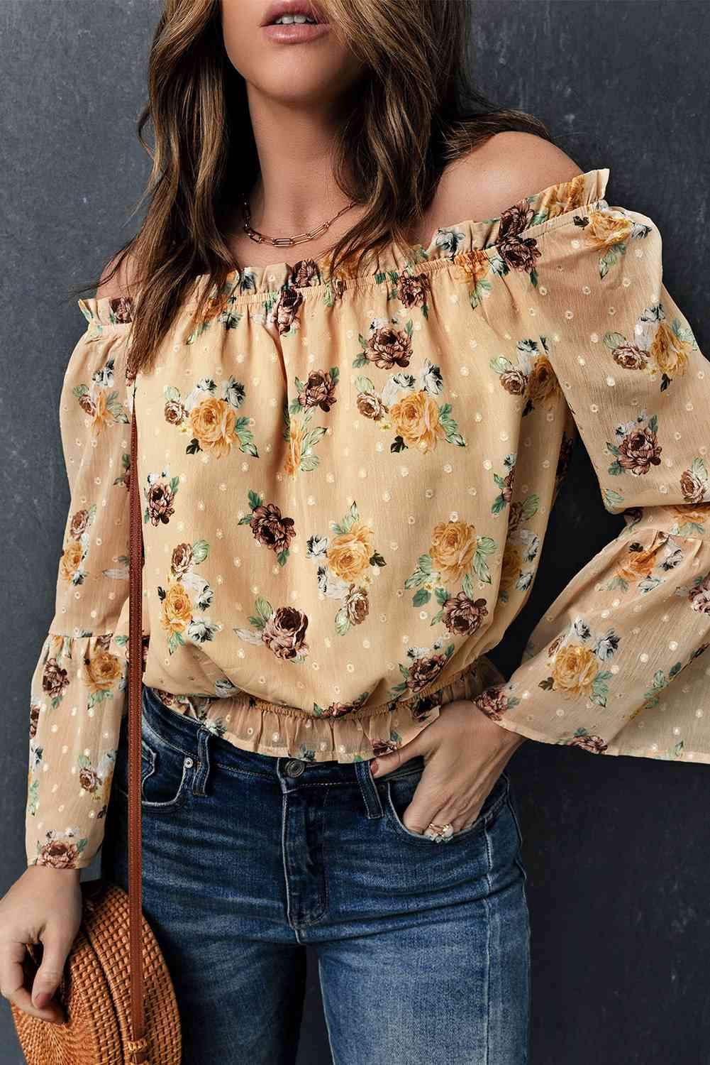 Floral Off-Shoulder Ruffle Hem Top Blouses - Tophatter Daily Deals