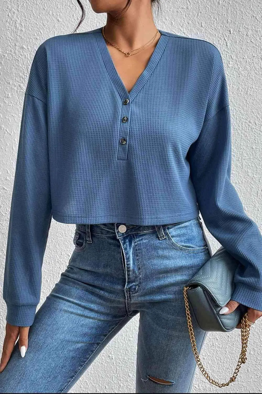 Cropped V-Neck Raglan Sleeve Buttoned Blouse Blouses - Tophatter Daily Deals
