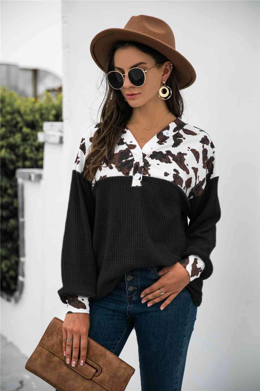 Animal Print Color Block Waffle-Knit Top Blouses - Tophatter Daily Deals