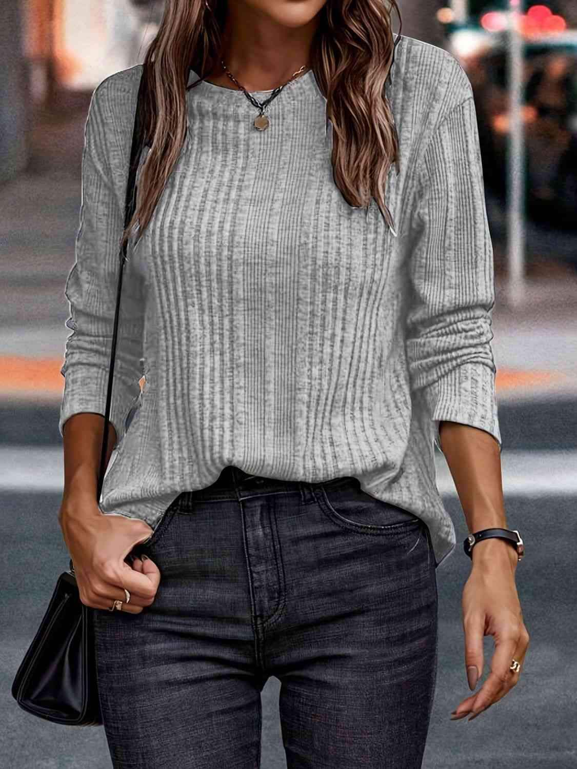 Round Neck Long Sleeve T-Shirt Charcoal Women's T-Shirts - Tophatter Daily Deals