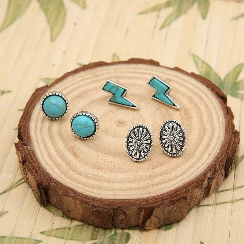 3 Piece Artificial Turquoise Stud Earrings Silver One Size Earrings - Tophatter Daily Deals