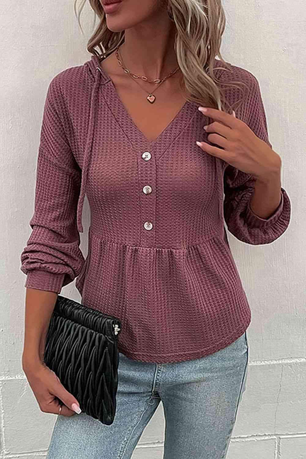 Waffle-Knit Buttoned Drop Shoulder Hoodie Plum Blouses - Tophatter Daily Deals