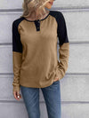 Contrast Buttoned Round Neck Raglan Sleeve Top Tan Women's T-Shirts - Tophatter Daily Deals