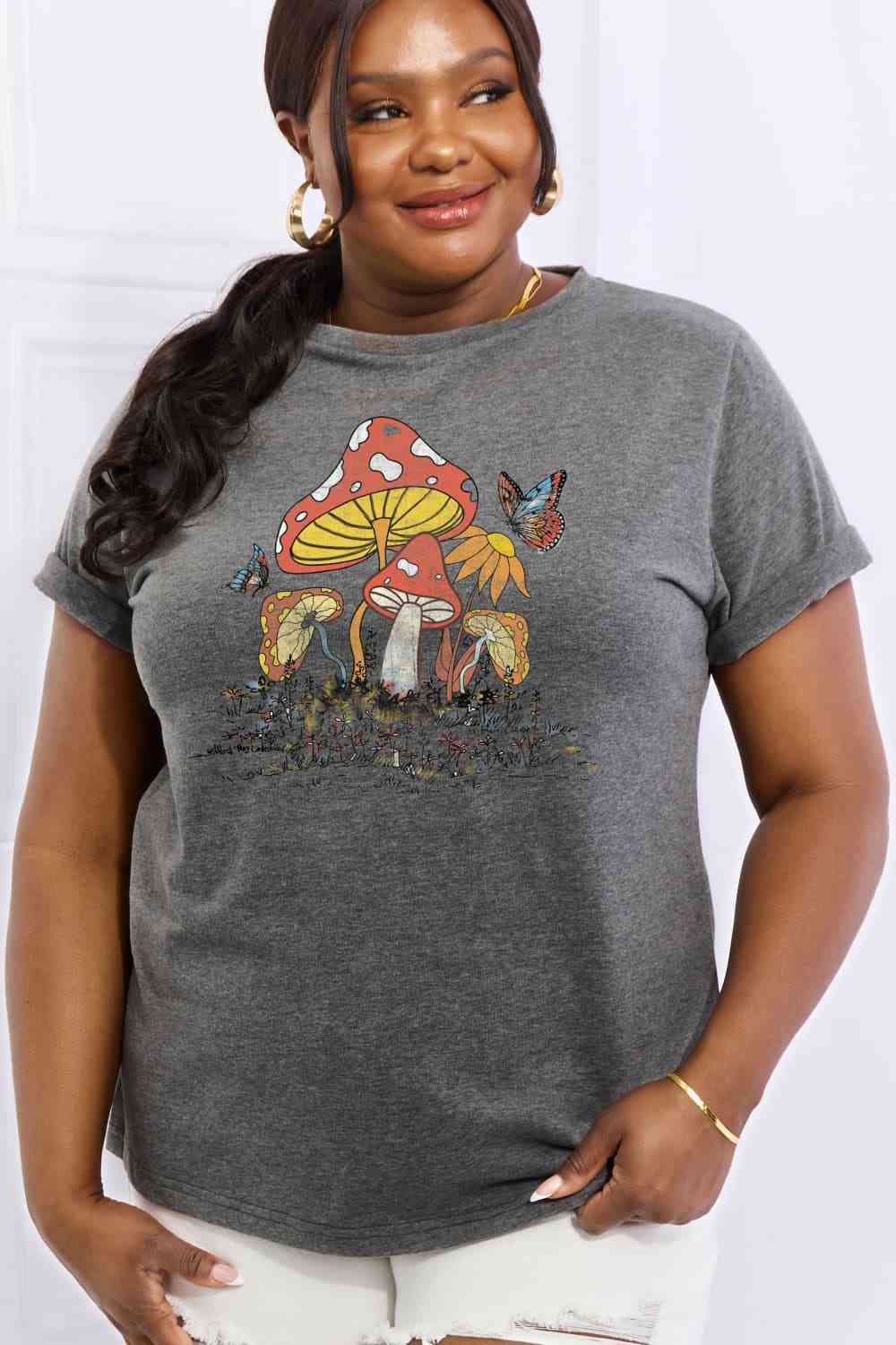 Simply Love Full Size Mushroom & Butterfly Graphic Cotton T-Shirt Women's T-Shirts - Tophatter Daily Deals