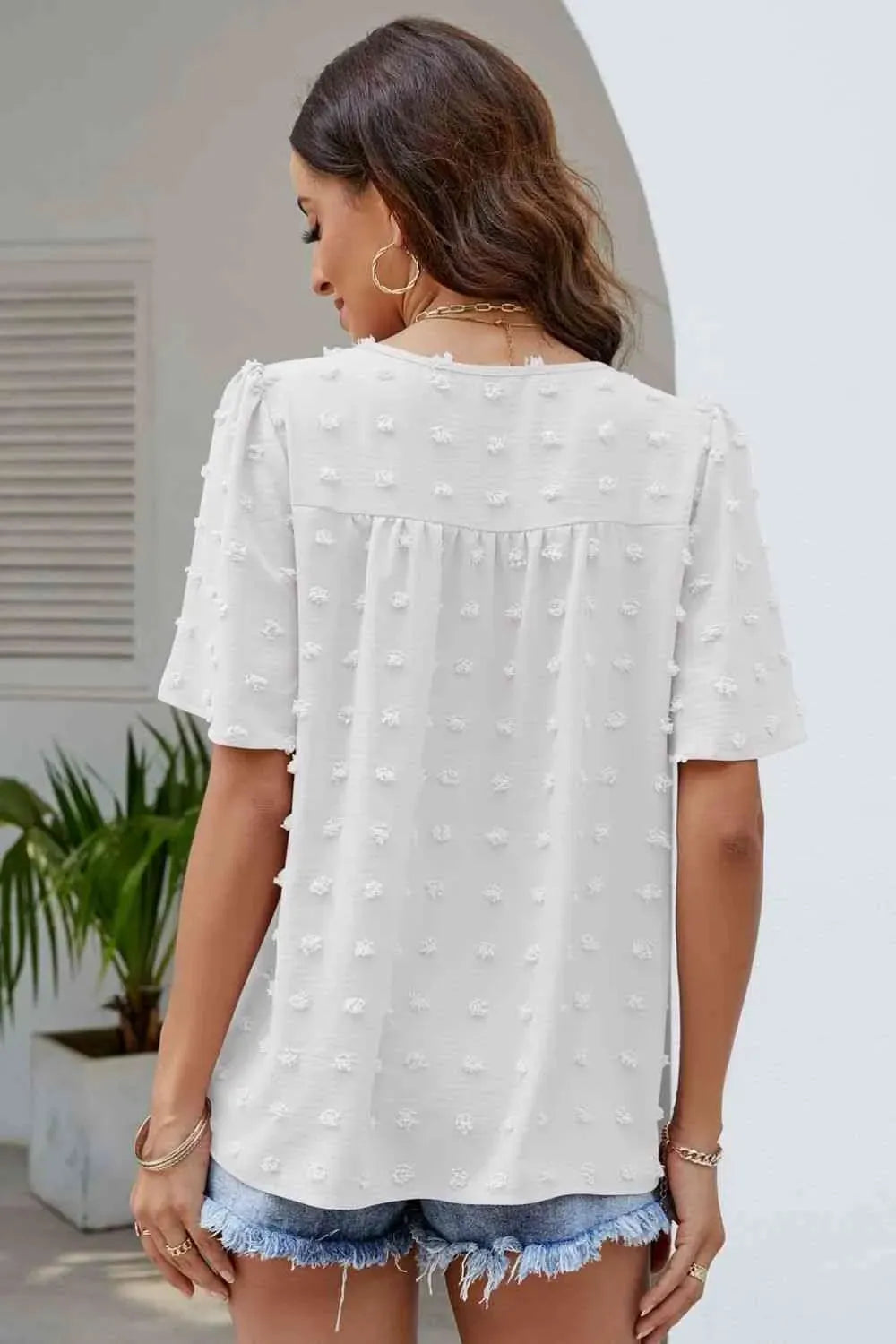 Swiss Dot Puff Sleeve Round Neck Blouse Blouses - Tophatter Daily Deals