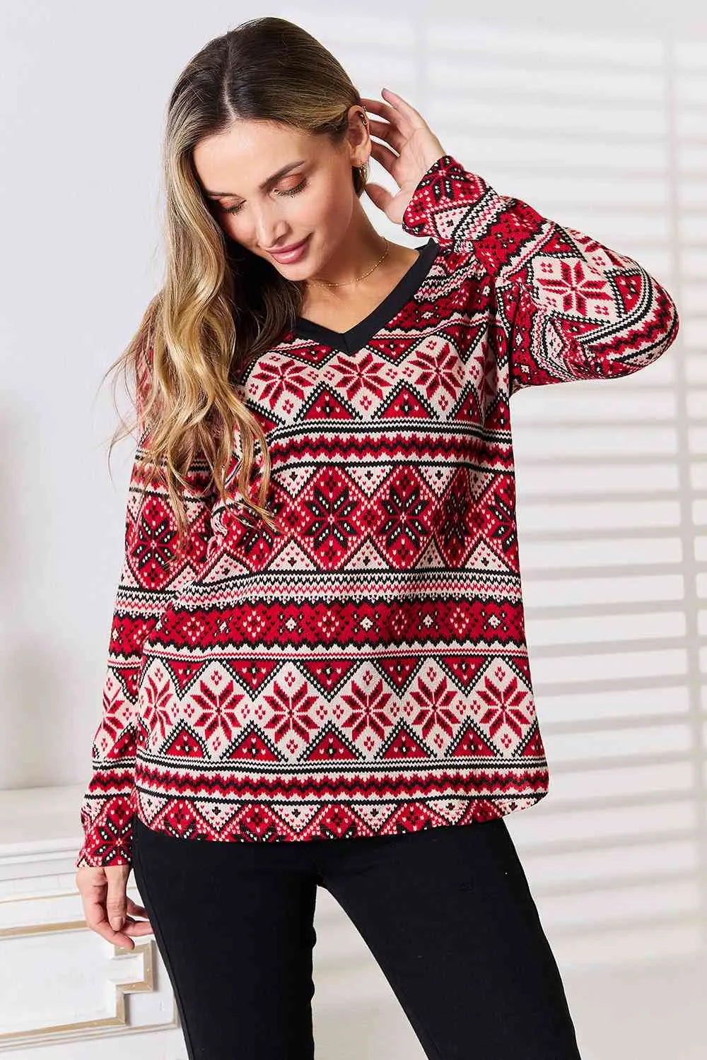 Heimish Full Size Snowflake Print Long Sleeve Top Deep Red Blouses - Tophatter Daily Deals