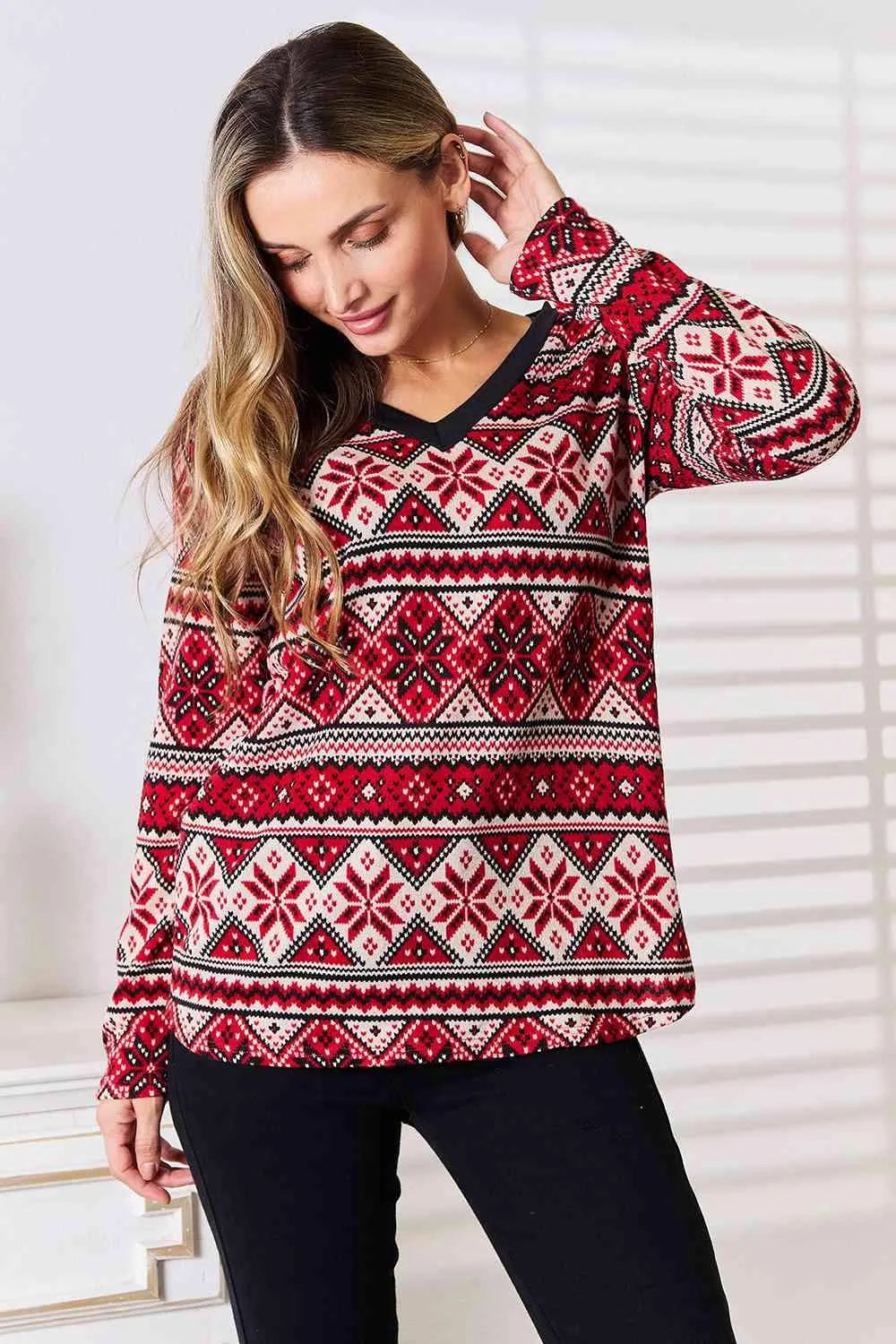 Heimish Full Size Snowflake Print Long Sleeve Top Blouses - Tophatter Daily Deals
