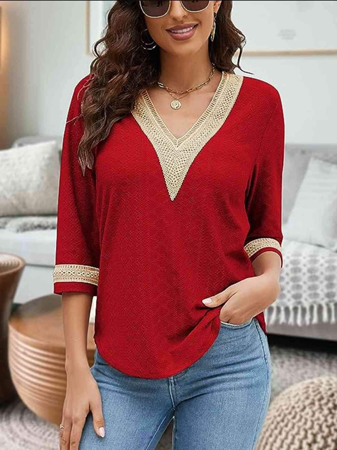 V-Neck Eyelet Blouse Blouses - Tophatter Daily Deals