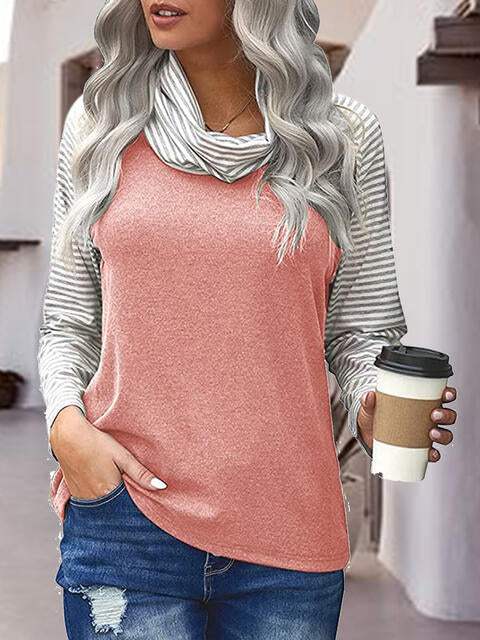 Striped Turtleneck Long Sleeve T-Shirt Blush Pink Women's T-Shirts - Tophatter Daily Deals