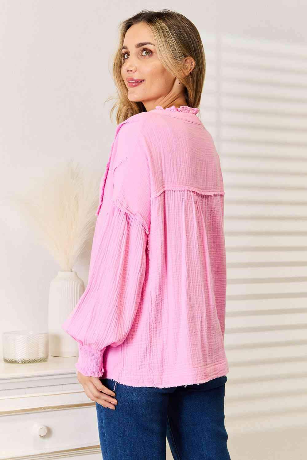 Double Take Exposed Seam Buttoned Notched Neck Blouse Blouses - Tophatter Daily Deals