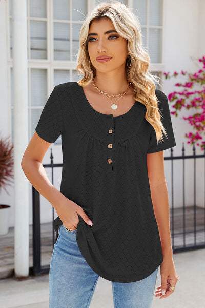 Eyelet Quarter Button Short Sleeve T-Shirt Women's T-Shirts - Tophatter Daily Deals