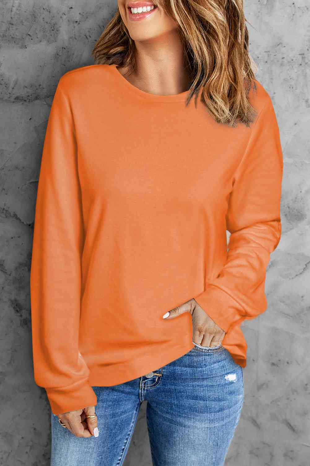 Round Neck Long Sleeve Top Orange Women's T-Shirts - Tophatter Daily Deals