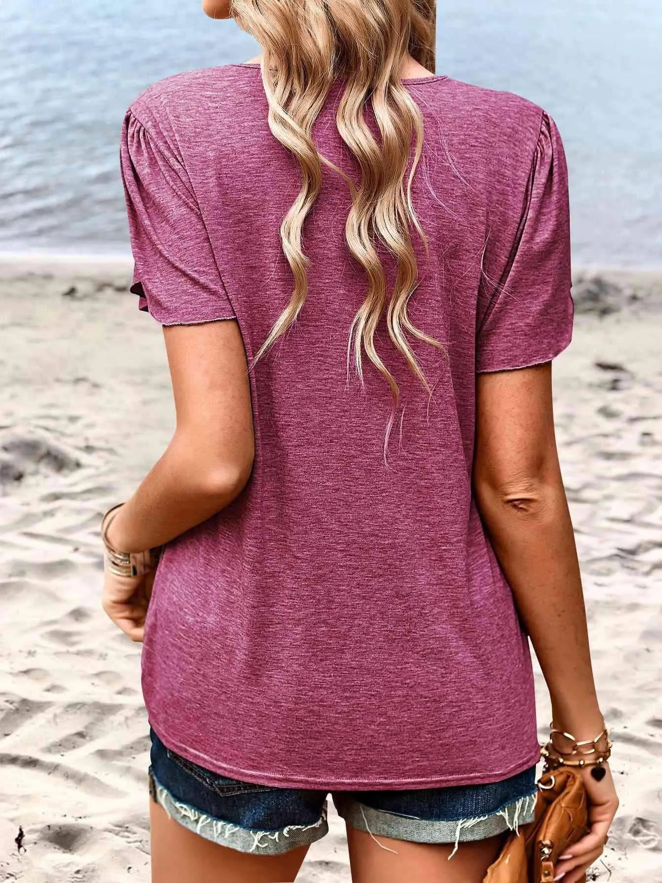 Contrast V-Neck Petal Sleeve Top Blouses - Tophatter Daily Deals