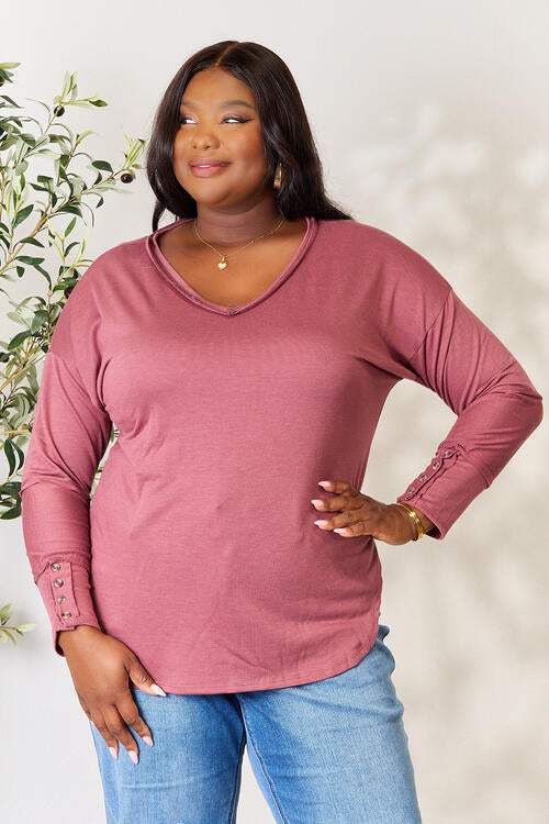 Culture Code Full Size V-Neck Exposed Seam Long Sleeve Blouse Dusty Berry Blouses - Tophatter Daily Deals