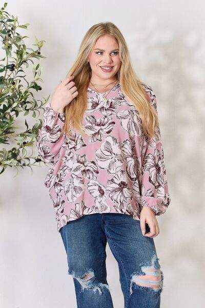 Heimish Full Size Floral V-Neck Balloon Sleeve Blouse Mauve Blouses - Tophatter Daily Deals