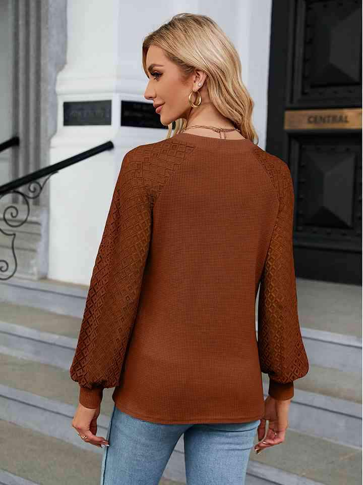 Notched Neck Long Sleeve Blouse Blouses - Tophatter Daily Deals