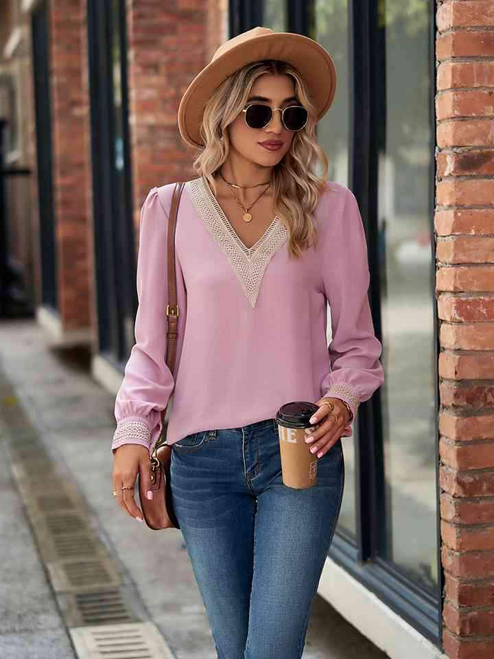 V-Neck Long Sleeve Blouse Blush Pink Blouses - Tophatter Daily Deals