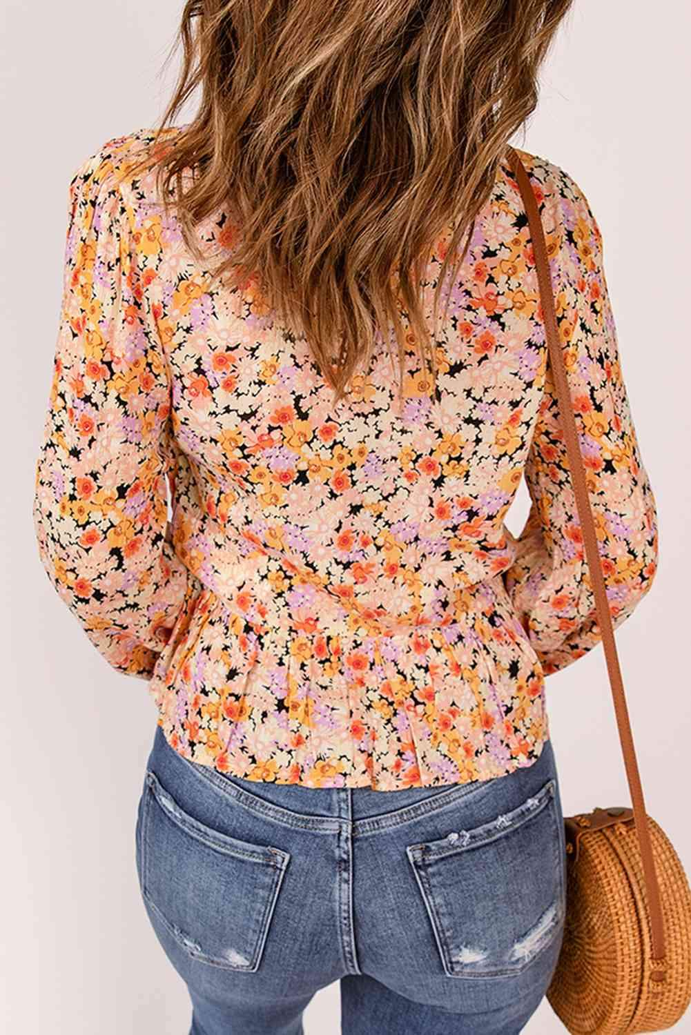 Floral Buttoned Plunge Peplum Blouse Blouses - Tophatter Daily Deals