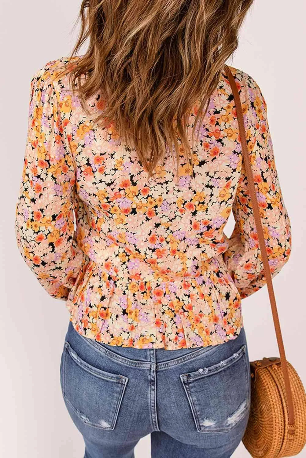 Floral Buttoned Plunge Peplum Blouse Blouses - Tophatter Daily Deals