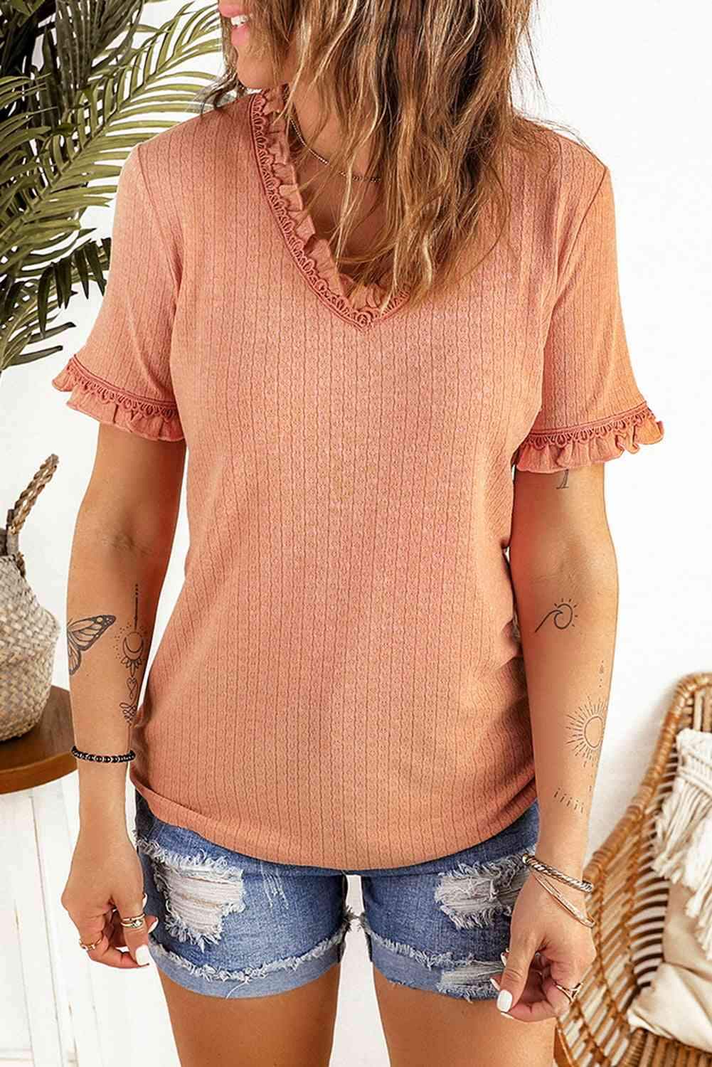 Textured V-Neck Flounce Sleeve Blouse Blouses - Tophatter Daily Deals