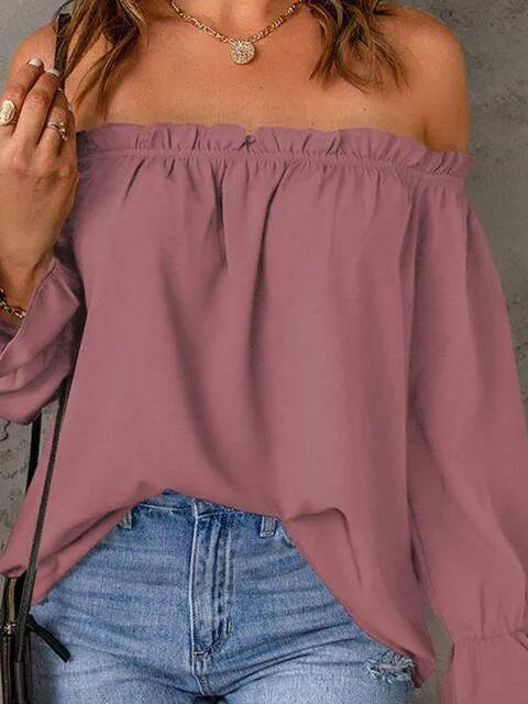 Off-Shoulder Flounce Sleeve Blouse Blouses - Tophatter Daily Deals