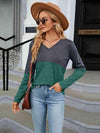 V-Neck Long Sleeve Two-Tone T-Shirt Green Women's T-Shirts - Tophatter Daily Deals