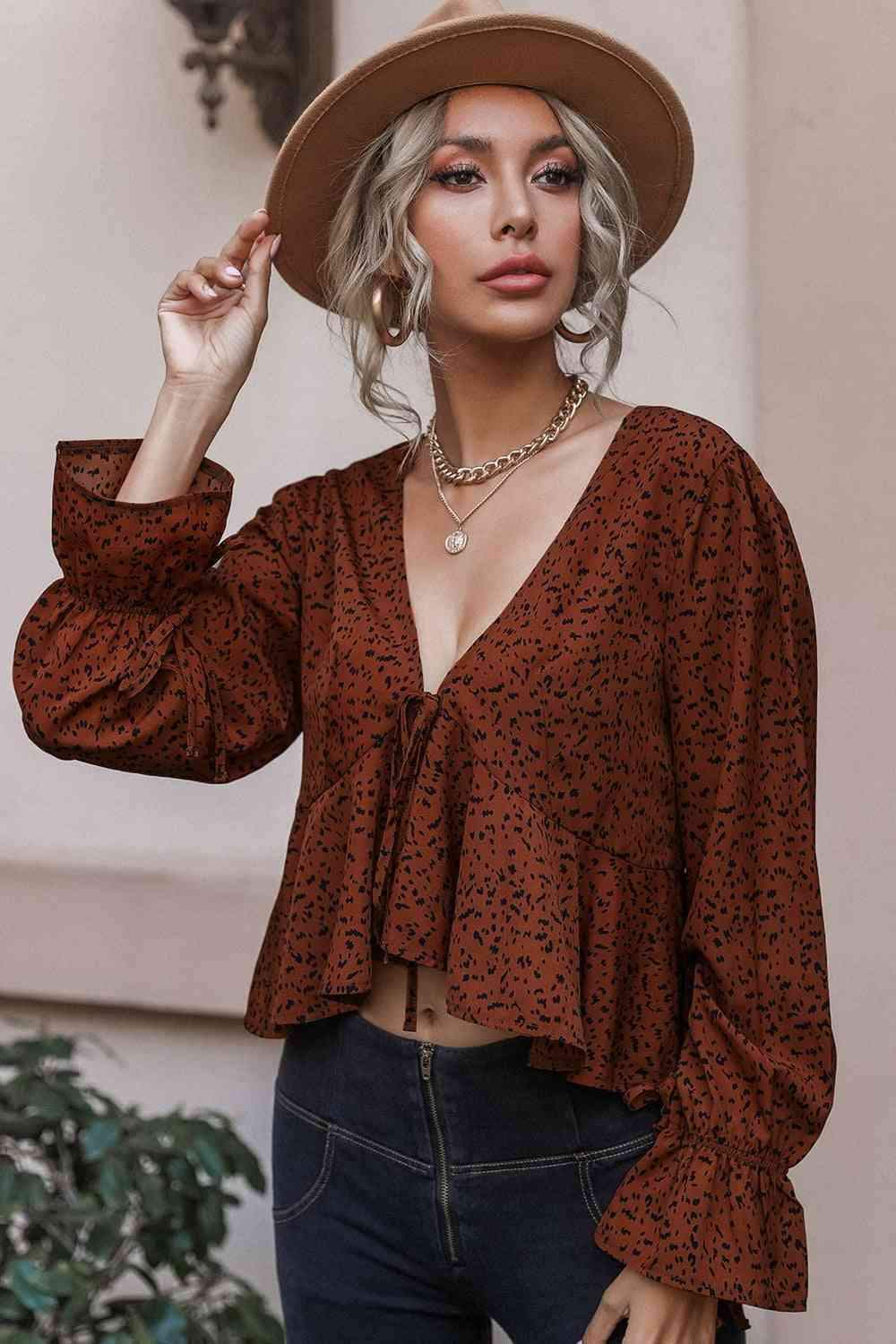 Cropped V-Neck Long Sleeve Blouse Blouses - Tophatter Daily Deals