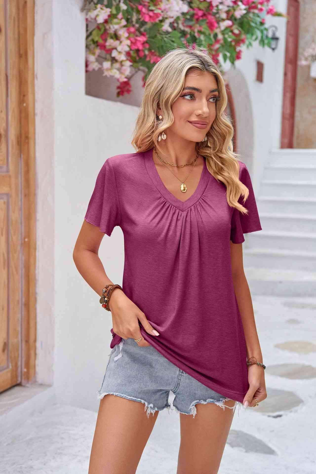 Ruched V-Neck Short Sleeve Tee Women's T-Shirts - Tophatter Daily Deals