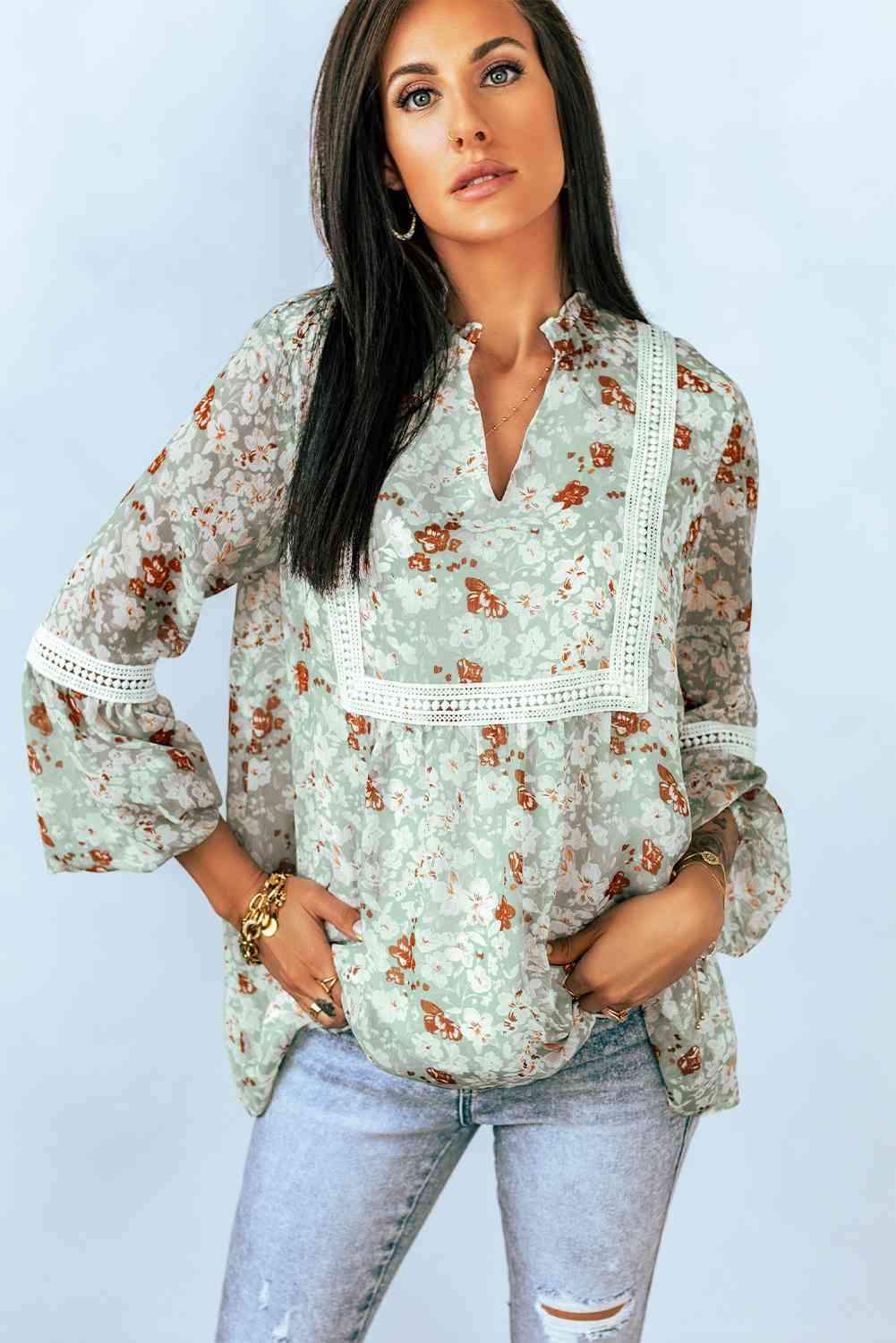 Floral Lace Trim Blouse Sage Blouses - Tophatter Daily Deals