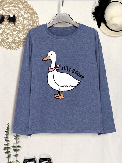 Goose Graphic Round Neck Long Sleeve T-Shirt Dusty Blue Women's T-Shirts - Tophatter Daily Deals