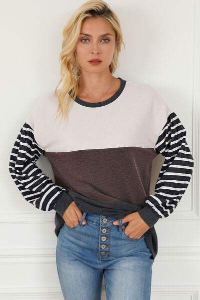 Striped Color Block Dropped Shoulder T-Shirt Burnt Umber Women's T-Shirts - Tophatter Daily Deals