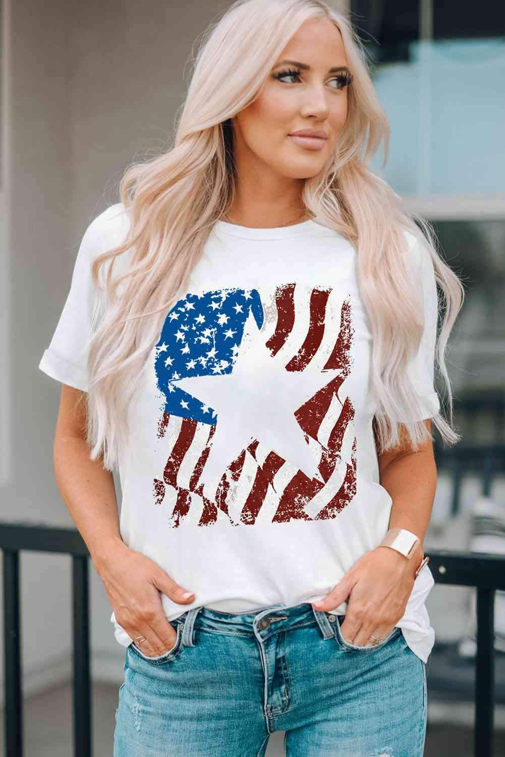 US Flag Graphic Round Neck Tee Women's T-Shirts - Tophatter Daily Deals