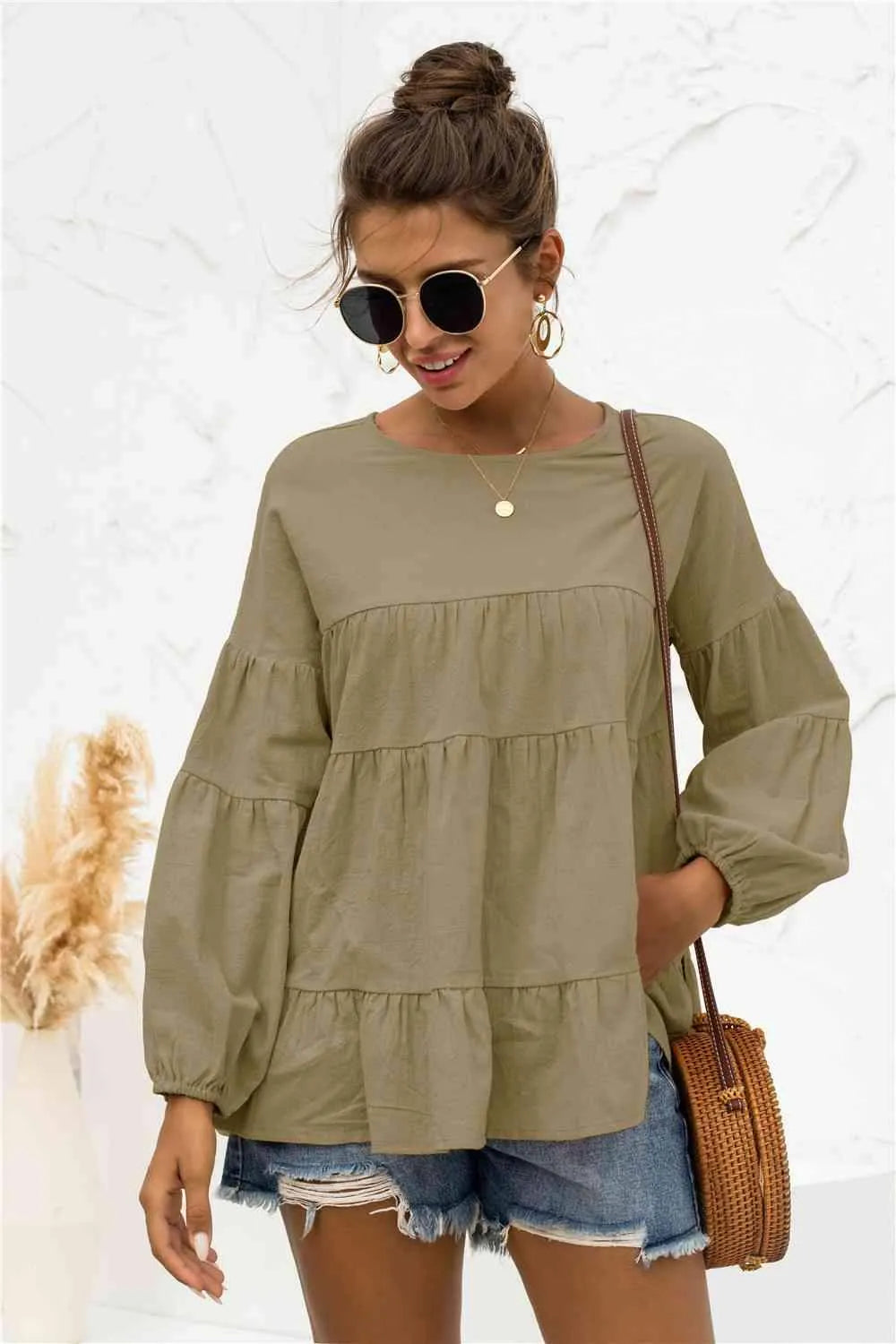 Round Neck Bubble Sleeve Tiered Blouse Army Green Blouses - Tophatter Daily Deals