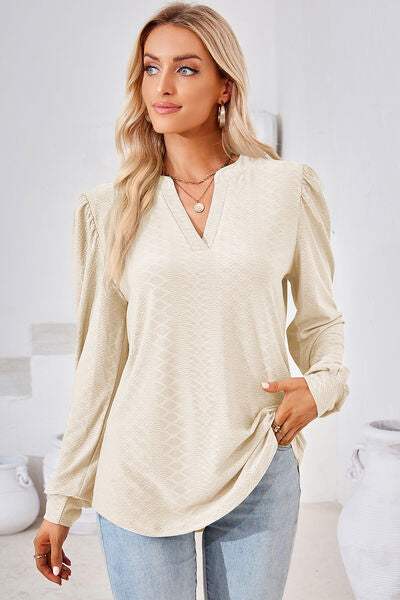 Ruched Notched Long Sleeve T-Shirt Women's T-Shirts - Tophatter Daily Deals