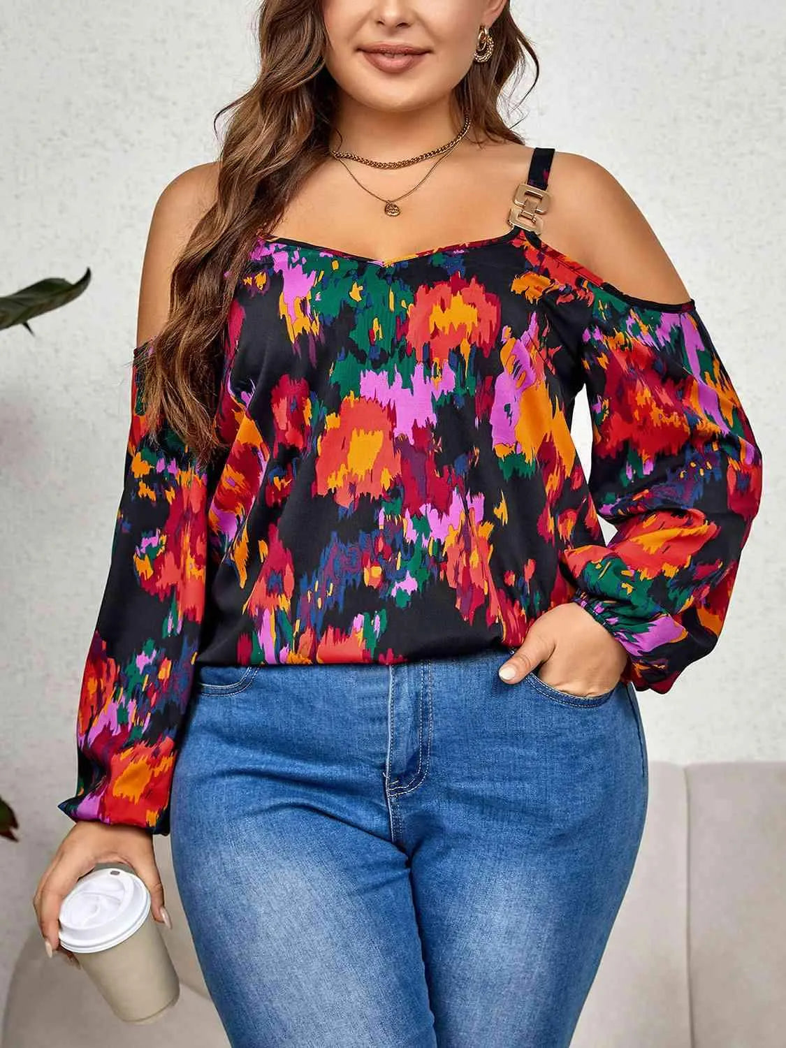 Plus Size Printed Cold Shoulder Long Sleeve Blouse Blouses - Tophatter Daily Deals