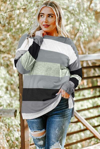 Plus Size Striped Slit Long Sleeve T-Shirt Black Women's T-Shirts - Tophatter Daily Deals