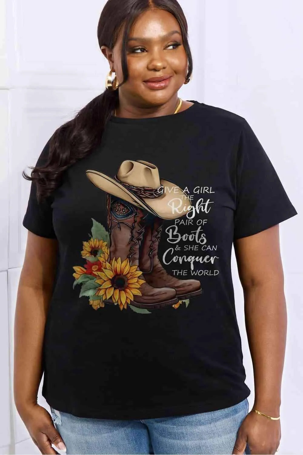 Simply Love Full Size Cowboy Hat & Boots Graphic Cotton Tee - Tophatter Daily Deals