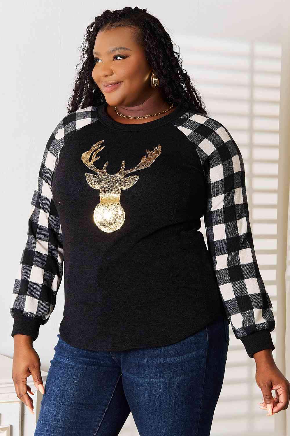 Heimish Full Size Sequin Reindeer Graphic Plaid Top Women's T-Shirts - Tophatter Daily Deals