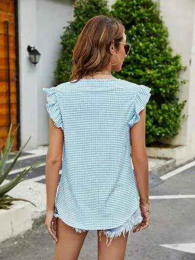 Plaid Ruffled Round Neck Cap Sleeve T-Shirt Women's T-Shirts - Tophatter Daily Deals