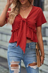 Frill Ruched V-Neck Short Sleeve T-Shirt Brick Red Women's T-Shirts - Tophatter Daily Deals