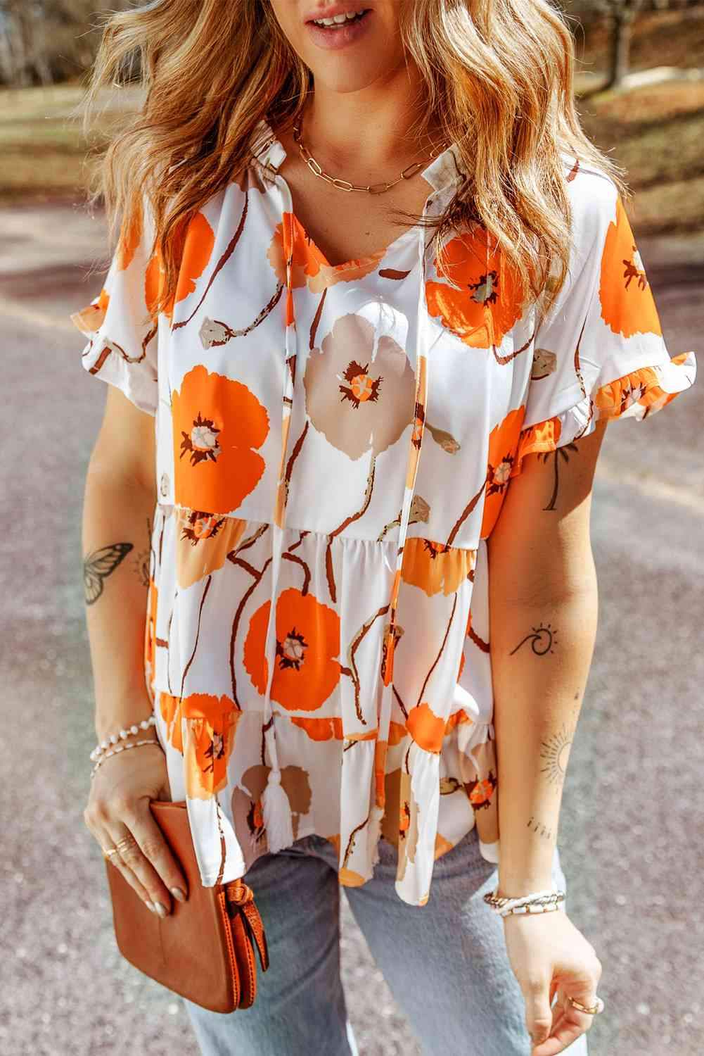 Printed Flounce Sleeve Tie-Neck Peplum Blouse Orange Blouses - Tophatter Daily Deals