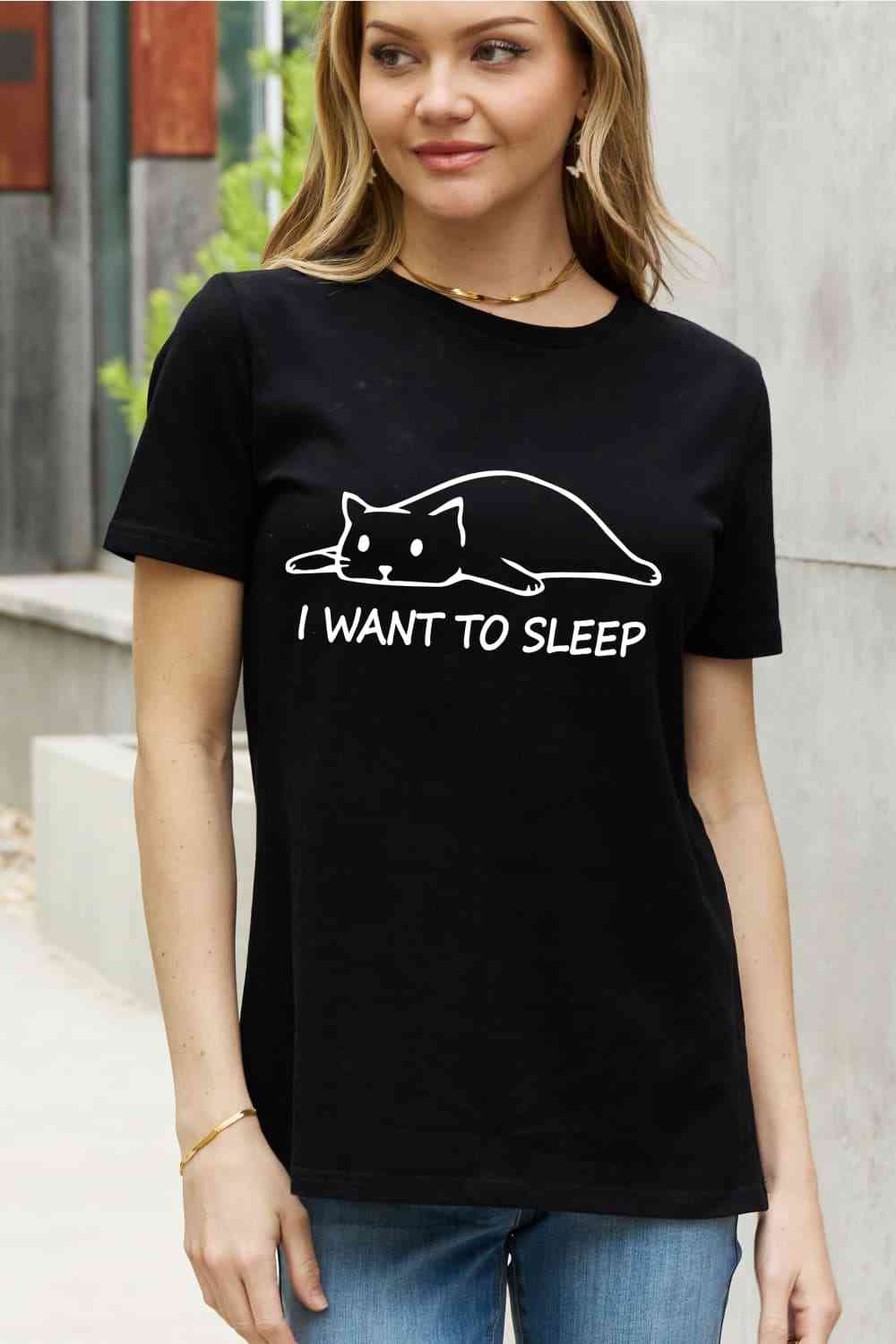 Simply Love Full Size I WANT TO SLEEP Graphic Cotton Tee Women's T-Shirts - Tophatter Daily Deals