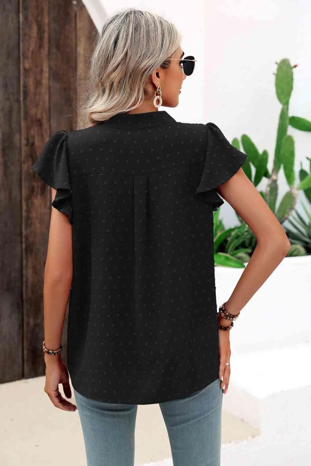 Swiss Dot Flutter Sleeve Notched Neck Blouse Blouses - Tophatter Daily Deals