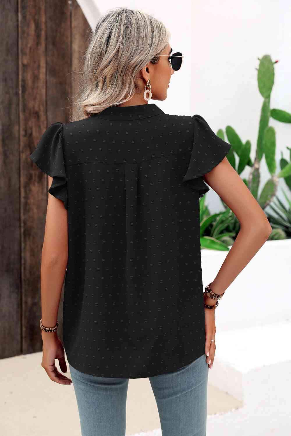 Swiss Dot Flutter Sleeve Notched Neck Blouse Blouses - Tophatter Daily Deals